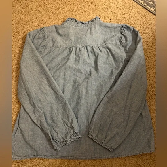 J.CREW Chambray Ruffle Neck Button Down Long Sleeve Top Women's L - Picture 2 of 4